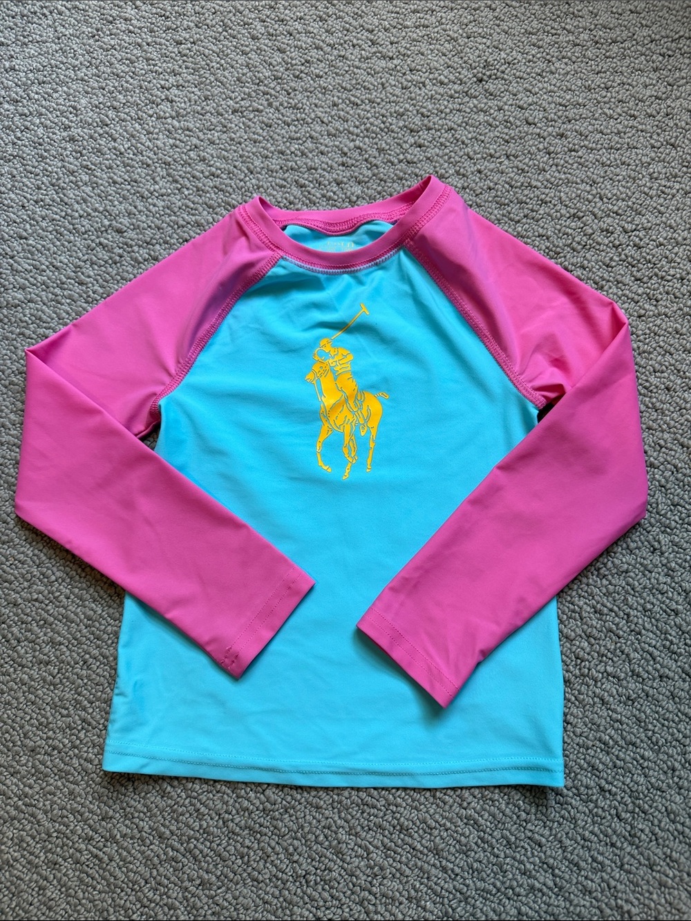 Ralph Lauren Aqua & Pink Long Sleeve Kids Rashguard with Yellow Polo Logo